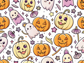 Cute Halloween Seamless Pattern with Ghosts, Pumpkins, and Candy on White Background