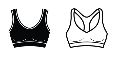 Stylized sports bra illustration in black and white with racerback design, ideal for athletic wear, fashion concepts, and apparel design
