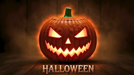 Creepy Glowing Jack-o'-Lantern on Wooden Background - Holiday and Celebration - Seasonal Decoration and Banner