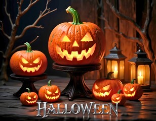 Arrangement of Glowing Jack-o'-Lanterns and Lanterns - Holiday and Celebration - Eerie and Festive Scene