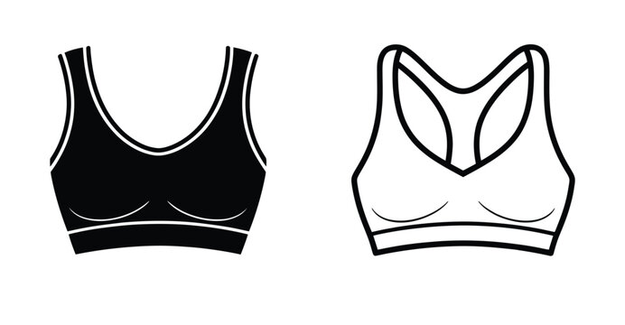 Stylized sports bra illustration in black and white with racerback design, ideal for athletic wear, fashion concepts, and apparel design