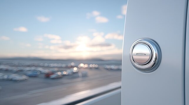 Polished Silver Door Handle Against Blurred Airport Landscape at Sunrise in HDR - Powered by Adobe
