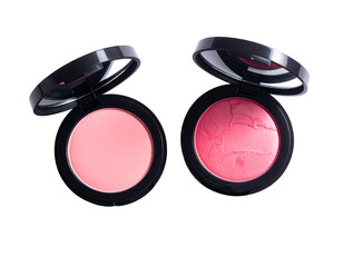 Two round blush compact makeup palettes, open, showing pink blush