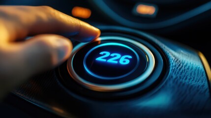 Close up of a finger pressing a digital button with the number 226 on a modern car dashboard