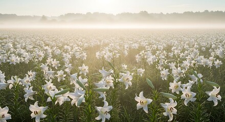 Naklejka premium Field of White Lilies in Morning Mist with Soft Sunlight