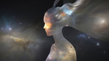 Ethereal woman profile against a cosmic nebula background