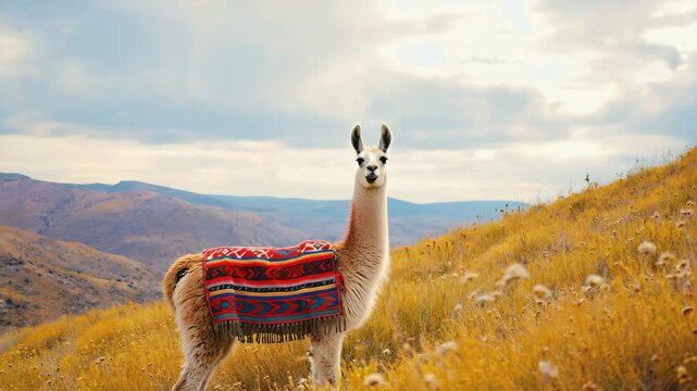 Llama with a poncho, soft fur texture, warm golden light, playful and quirky mood