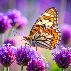 close up of butterfly pollinating on purple flower