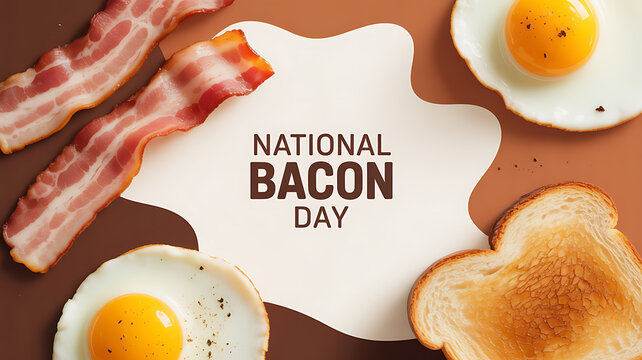 National Bacon Day celebration with bacon, eggs, and toast arranged on a brown surface