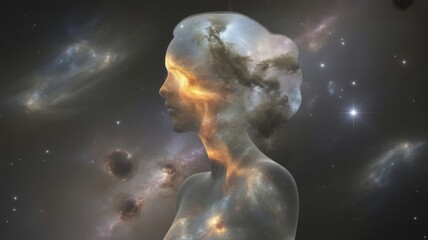 Ethereal woman s profile overlaid with cosmic nebulae and galaxies