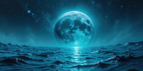 Blue Orbit  Deep Cyan Planet and Glimmering Moon Abstract Scene, Watery Sky Reflection, Photorealistic Textile Creation.