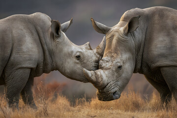 Obraz premium Two white rhinos touching horns in dry savanna grassland, showcasing their bond and strength in a natural wildlife setting, creating a sense of awe and connection.