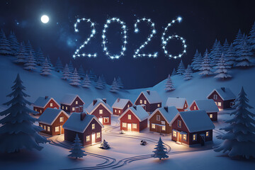 Magical 2026 New Year's Eve celebration illuminates snowy village under moonlit starry sky, sparking festive joy and anticipation for the future.