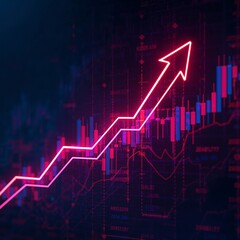 Fototapeta premium Abstract glowing arrows rising upward on futuristic digital stock trading background