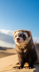 Fototapeta premium Close-up of a ferret, alert and inquisitive, positioned on a golden sand dune against a vibrant blue sky.
