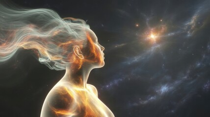 Ethereal woman with flowing hair against a cosmic nebula background