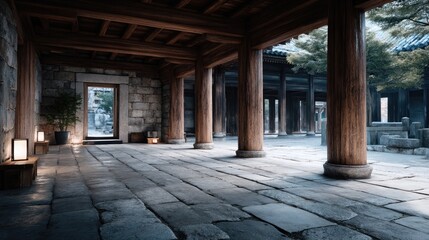 Ancient Temple Interior with Stone Columns and Lanterns Under Cinematic Lighting