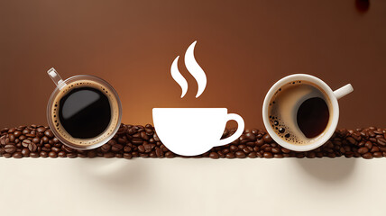 Two coffee cups and a steaming cup icon placed on a bed of coffee beans against a warm brown background