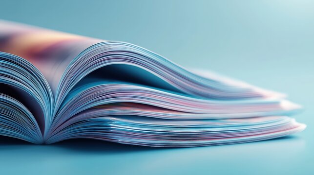 A close-up view of an open magazine displaying colorful pages, highlighting its layered texture against a soft blue background.