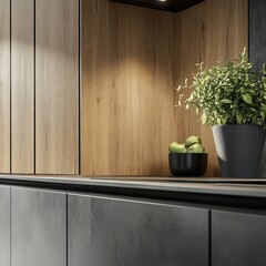 A modern kitchen detail showcasing wooden cabinets, a sleek countertop, and a decorative plant in a minimalist setting