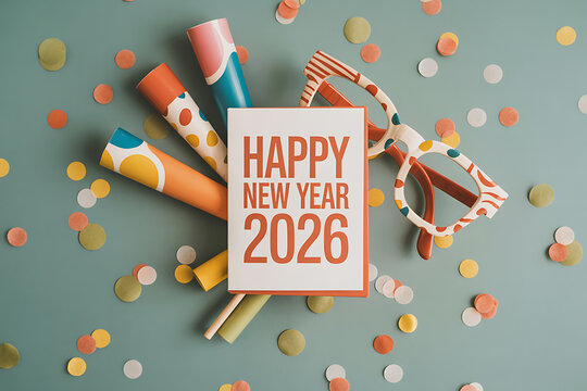Celebrate the upcoming new year with festive party supplies, confetti, and fun glasses, perfect for capturing joyous moments and creating vibrant invitations.