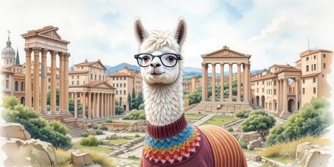 Obraz premium Ancient Rome Fuzzy Friend A Watercolor Portrait of a Bookworm Alpaca