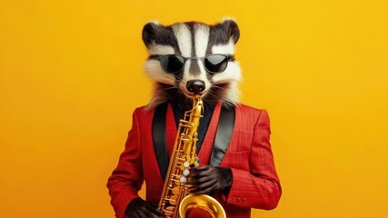Stylish badger in red suit playing saxophone on yellow background