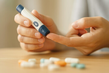Person's hands holding a blood glucose meter to a finger with scattered pills on a wooden table diabetes