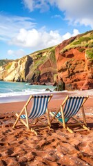 Two beach chairs on a red sand beach facing the ocean