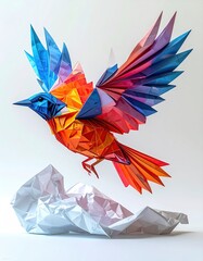 Colorful origami bird in flight over crumpled paper