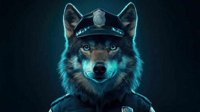 Wolf in police uniform with cap and badge in dramatic lighting