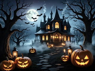 Fototapeta premium A spooky scene on Halloween night: a haunted house illuminated by a full moon and a pumpkin patch in the foreground.