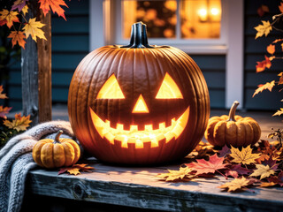 Fototapeta premium Cozy Halloween scene, beautifully carved glowing jack-o-lantern on wooden porch,