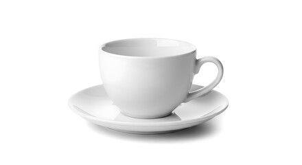Obraz premium Elegant white ceramic cup and saucer set, minimalist design on a clean white background