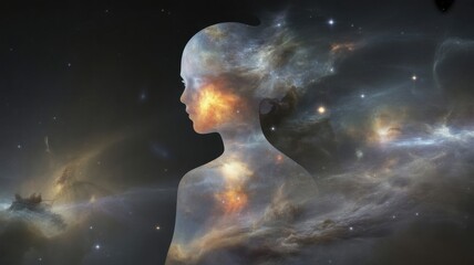 Human silhouette filled with cosmic nebula and starlight