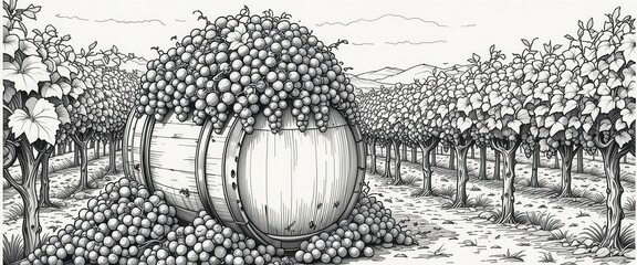 Fine Art Wine  Pen and Ink Illustration of Grapes and Barrel, Capturing Fine Details of the Harvest