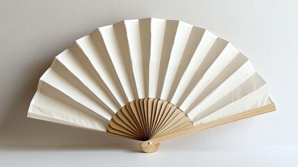 White hand fan folded and placed on a white background, symbolizing simplicity and elegance.