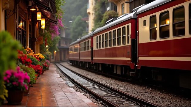 A red and white train traveling down train tracks next to a building