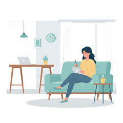 Fototapeta premium A woman relaxes on a comfortable sofa scrolling on her phone in a bright modern living room with a desk and laptop