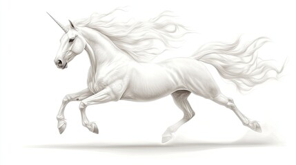White horse unicorn isolated on transparent or white background for magical or fantasy themes