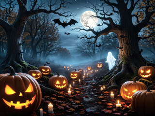 Fototapeta premium A creepy forest at night, a path goes into the distance, glowing pumpkin lanterns stand along the road