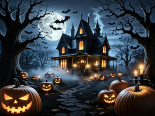 A spooky scene on Halloween night: a haunted house illuminated by a full moon and a pumpkin patch in the foreground.