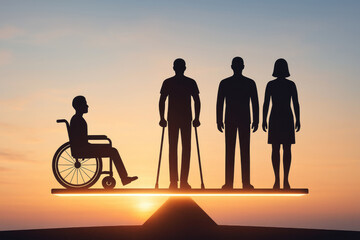 Silhouette of a person in a wheelchair and two standing figures on a balance scale at sunset equality