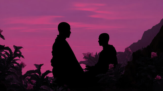 Guru teaching student silhouette at purple sunset meditation
