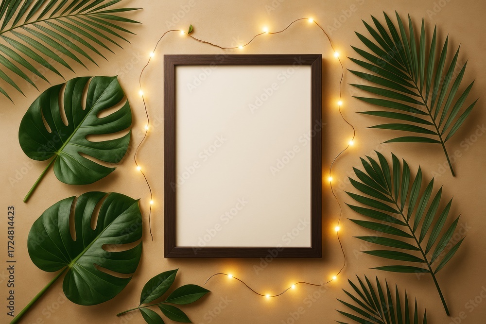 Aufkleber tropical leaf frame mockup with glowing string lights and blank paper on beige background for design