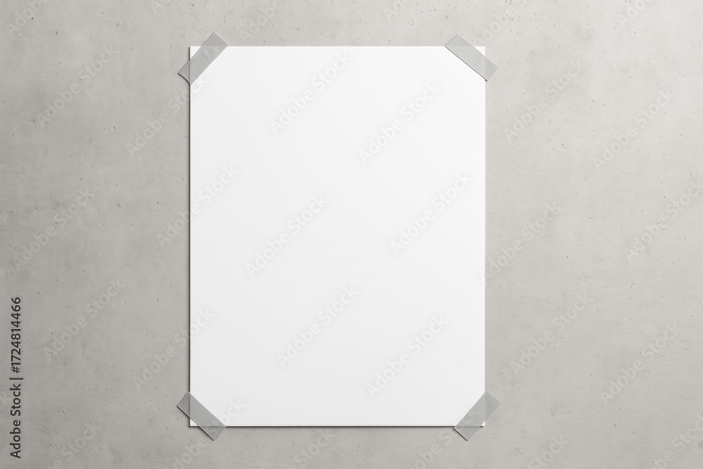 Poster blank white paper mockup taped to light concrete wall surface for clean minimal design layout and br