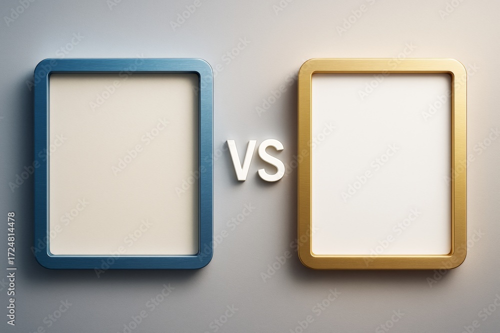 Poster comparison concept with blue and gold empty square frames on neutral background showing vs text betw