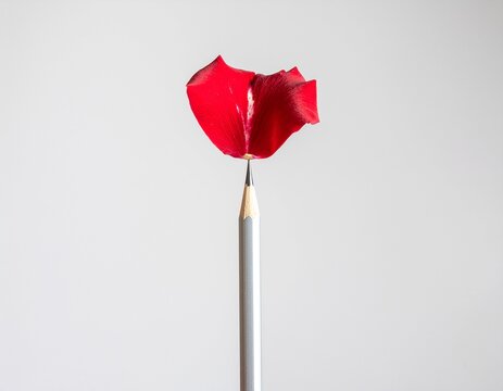 Red rose petal balancing on pencil tip against white backdrop