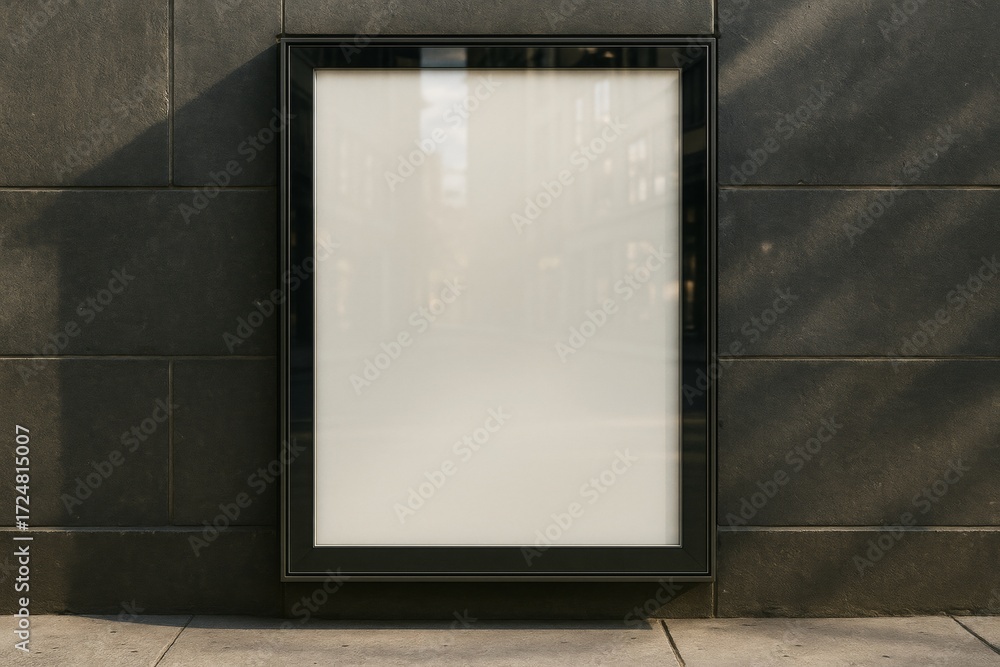 Poster blank vertical billboard with black frame on dark stone wall background with soft sunlight and urban