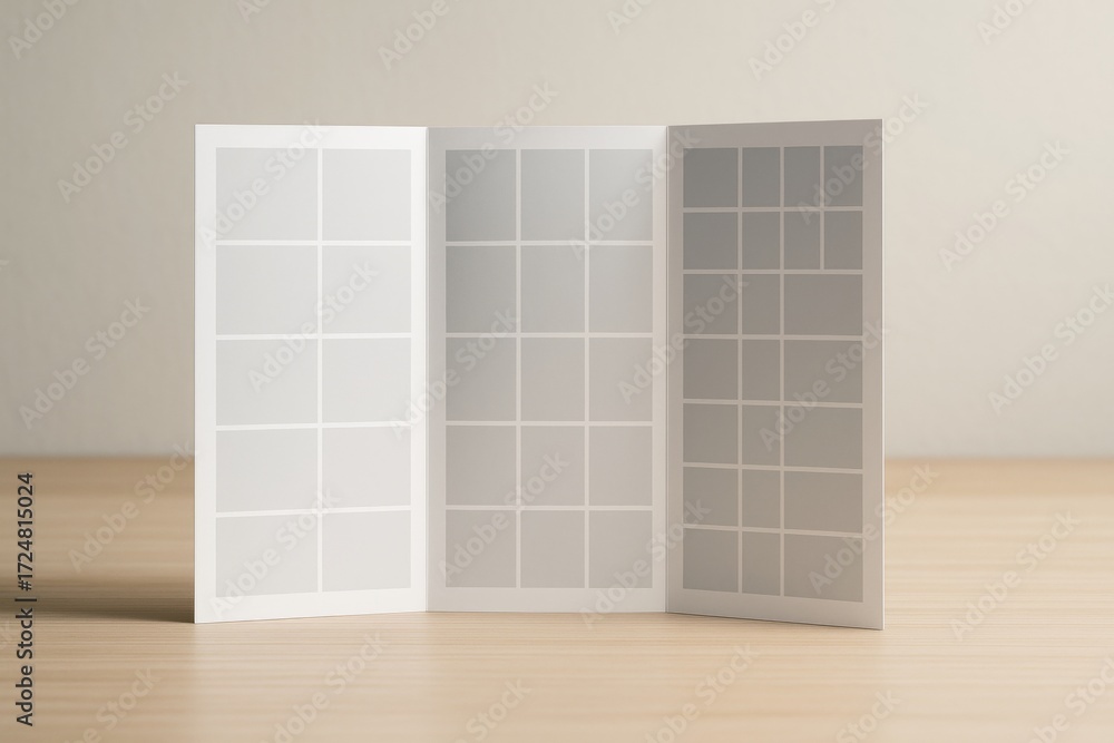 Poster minimalist tri-fold graphic layout mockup with abstract grid design in light shades on wooden surfac